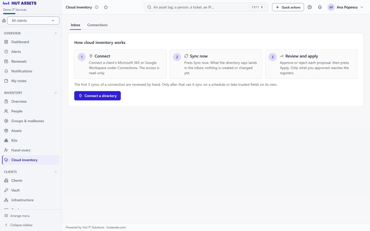 Cloud inventory: the screen, in the demo business
