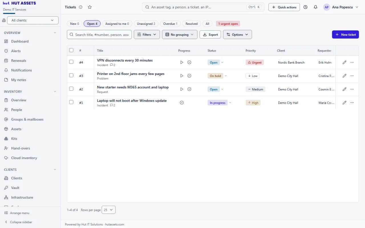 Tickets and requests: the screen, in the demo business