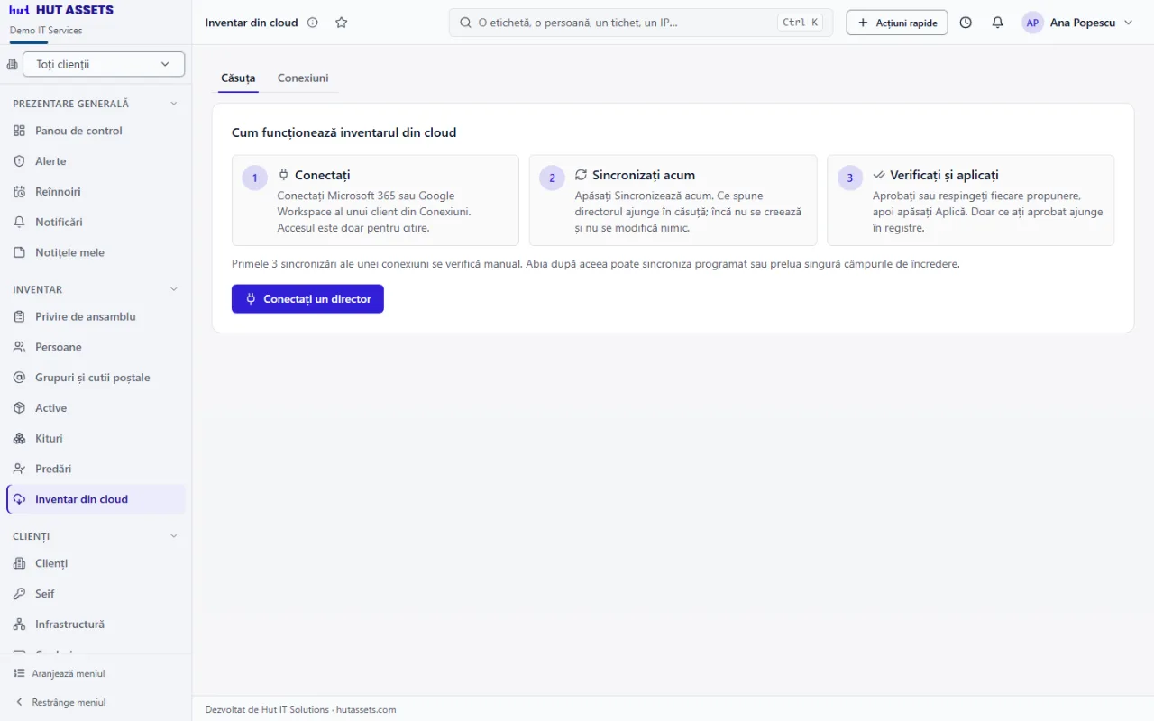 Inventar din cloud: ecranul, în firma demo